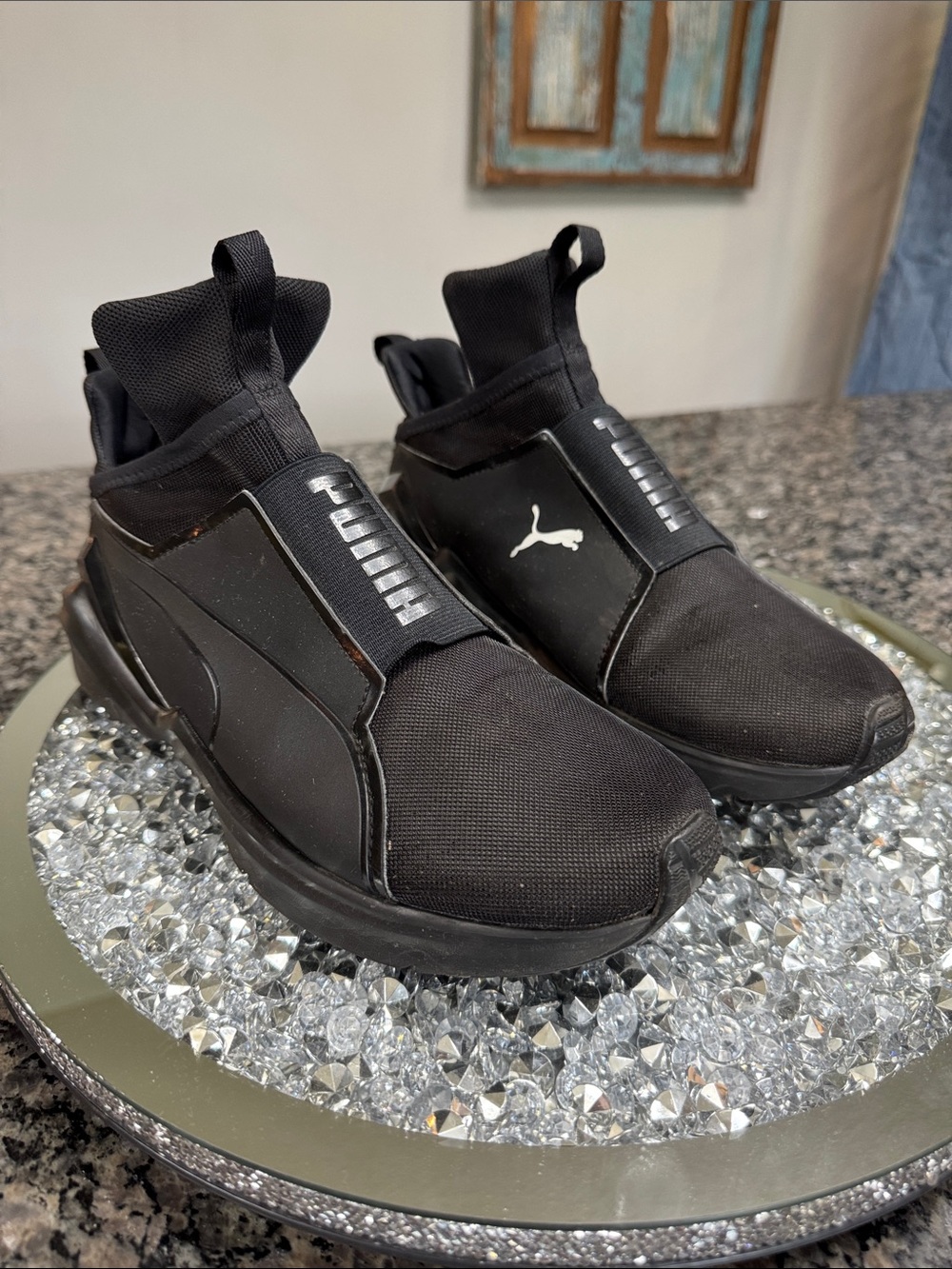 Puma Black Slip-On Sock Sneakers with Elastic Midfoot Strap EUC 9